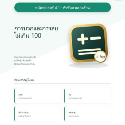 ชุดแบบฝึกหัดคณิตศาสตร์ ชั้นประถมศึกษาปีที่ 1: การบวกและการลบไม่เกิน 100 (หัวข้อตามบทเรียน)