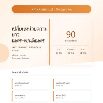 ชุดแบบฝึกหัดคณิตศาสตร์ ชั้นประถมศึกษาปีที่ 2: เปลี่ยนหน่วยความยาว เมตร–เซนติเมตร (ฝึกเฉพาะจุด)