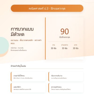 ชุดแบบฝึกหัดคณิตศาสตร์ ชั้นประถมศึกษาปีที่ 3: การบวกแบบมีตัวทด (ฝึกเฉพาะจุด)