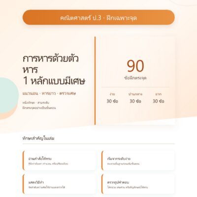 ชุดแบบฝึกหัดคณิตศาสตร์ ชั้นประถมศึกษาปีที่ 3: การหารด้วยตัวหาร 1 หลักแบบมีเศษ (ฝึกเฉพาะจุด)