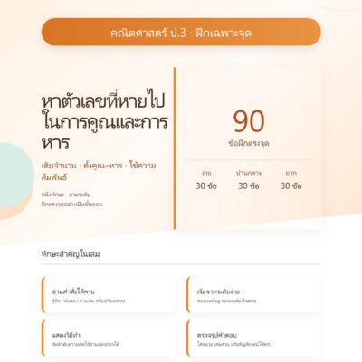 ชุดแบบฝึกหัดคณิตศาสตร์ ชั้นประถมศึกษาปีที่ 3: หาตัวเลขที่หายไปในการคูณและการหาร (ฝึกเฉพาะจุด)