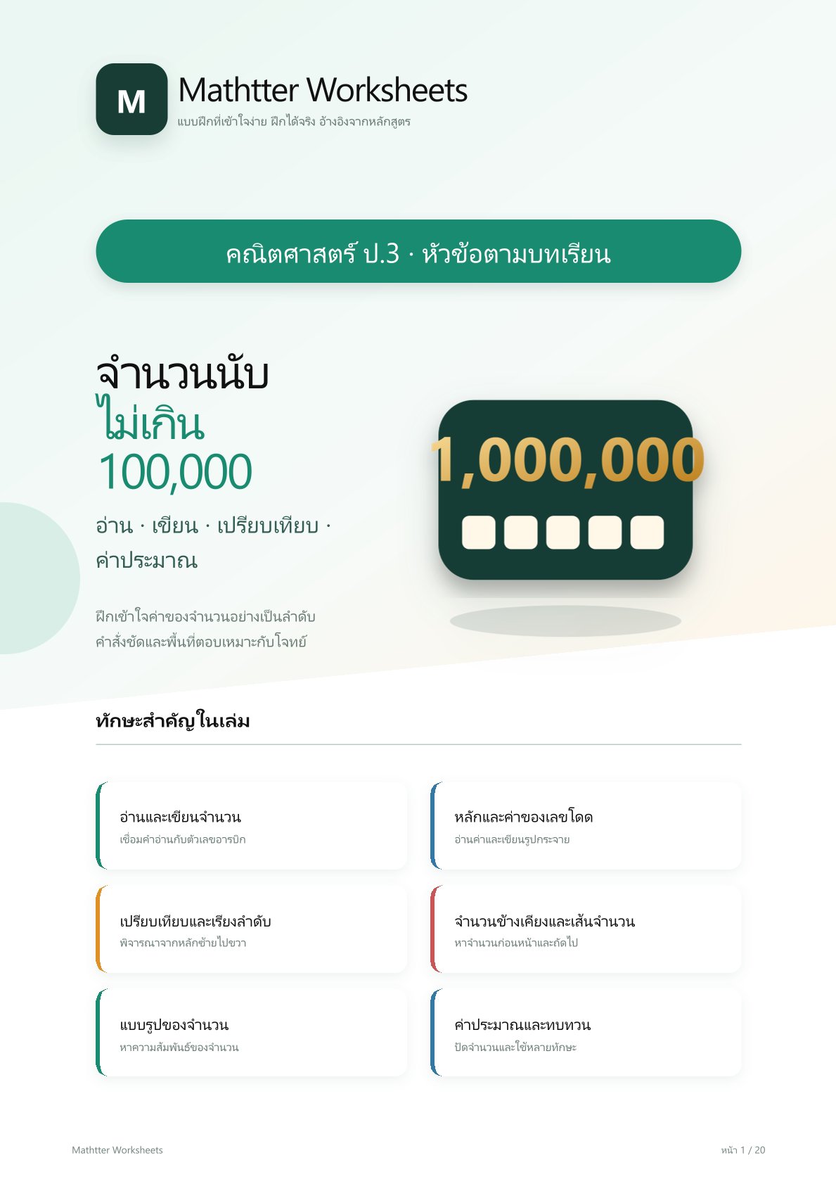 ชุดแบบฝึกหัดคณิตศาสตร์ ชั้นประถมศึกษาปีที่ 3: จำนวนนับไม่เกิน 100,000