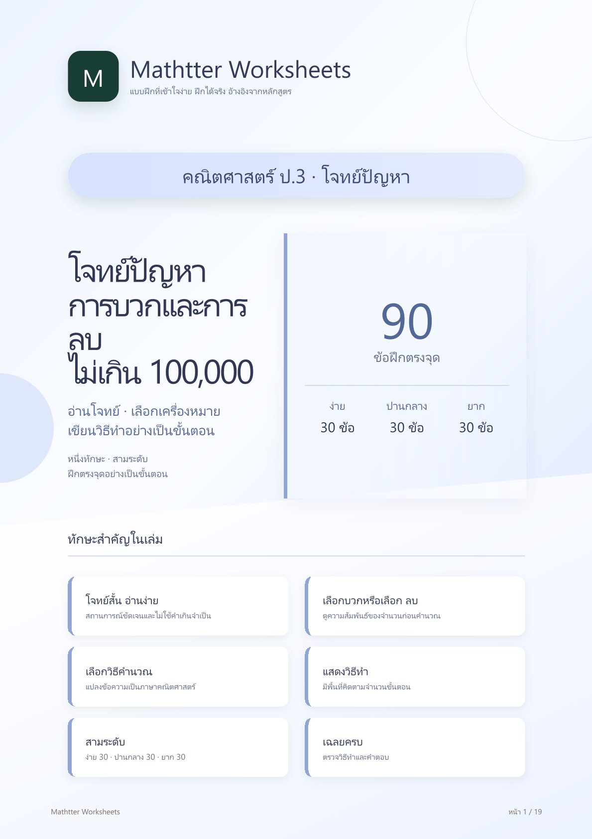 ชุดแบบฝึกหัดคณิตศาสตร์ ชั้นประถมศึกษาปีที่ 3: โจทย์ปัญหาการบวกและการลบไม่เกิน 100,000