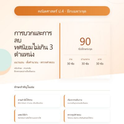 ชุดแบบฝึกหัดคณิตศาสตร์ ชั้นประถมศึกษาปีที่ 4: การบวกและการลบทศนิยมไม่เกิน 3 ตำแหน่ง