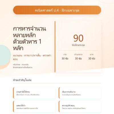 ชุดแบบฝึกหัดคณิตศาสตร์ ชั้นประถมศึกษาปีที่ 4: การหารจำนวนหลายหลักด้วยตัวหาร 1 หลัก