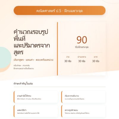 ดแบบฝึกหัดคณิตศาสตร์ ชั้นประถมศึกษาปีที่ 5: คำนวณรอบรูป พื้นที่ และปริมาตรจากสูตร
