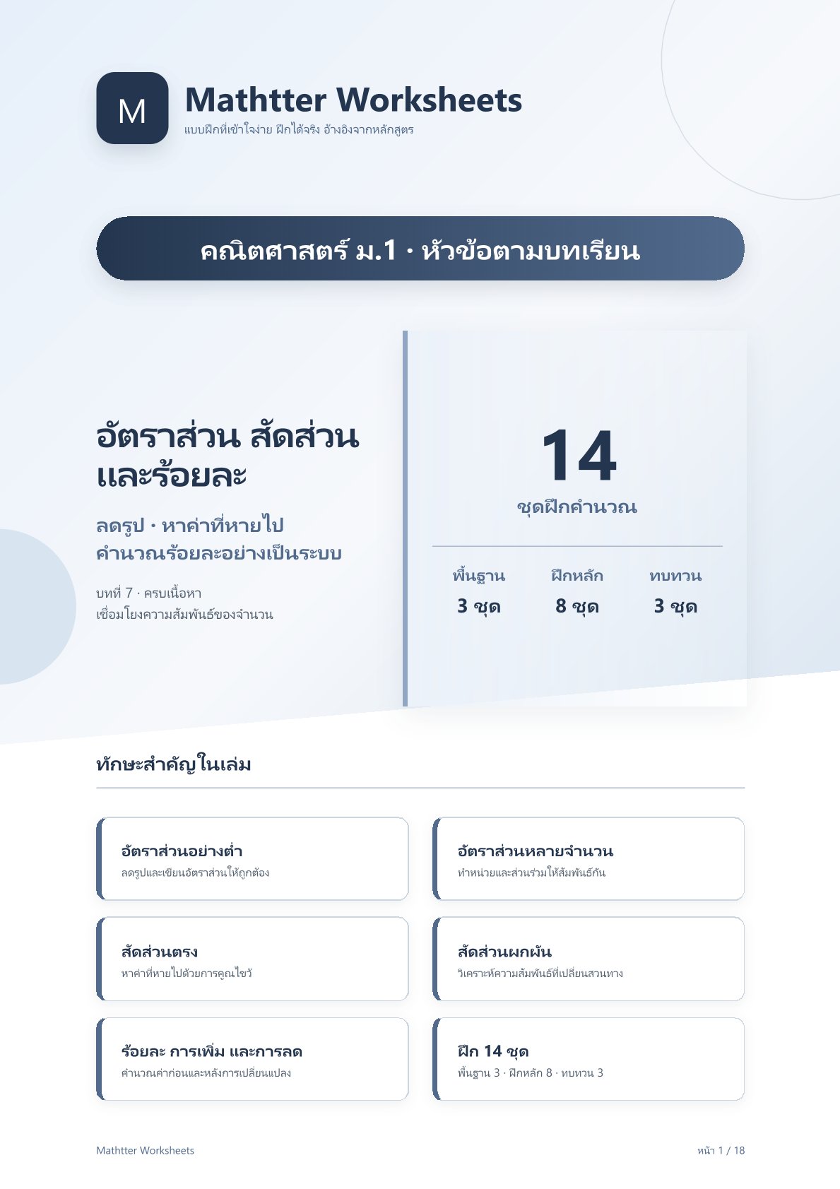 ม.1 อัตราส่วน สัดส่วน และร้อยละ