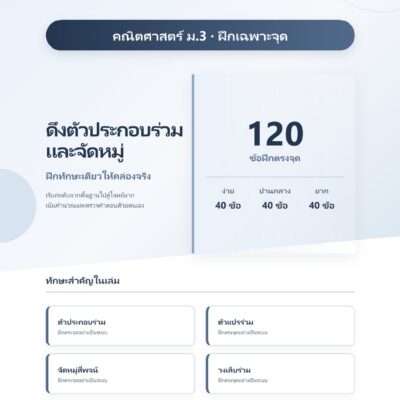 ชุดแบบฝึกหัดคณิตศาสตร์ ชั้นมัธยมศึกษาปีที่ 3: ดึงตัวประกอบร่วมและจัดหมู่ (ฝึกเฉพาะจุด)
