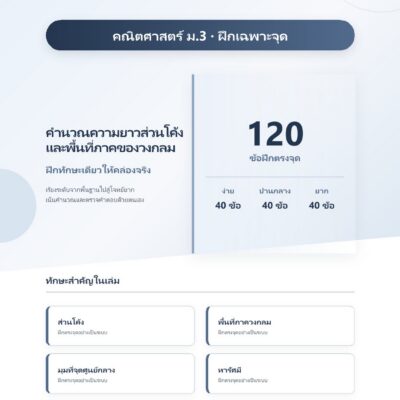 ชุดแบบฝึกหัดคณิตศาสตร์ ชั้นมัธยมศึกษาปีที่ 3: คำนวณความยาวส่วนโค้งและพื้นที่ภาคของวงกลม (ฝึกเฉพาะจุด)