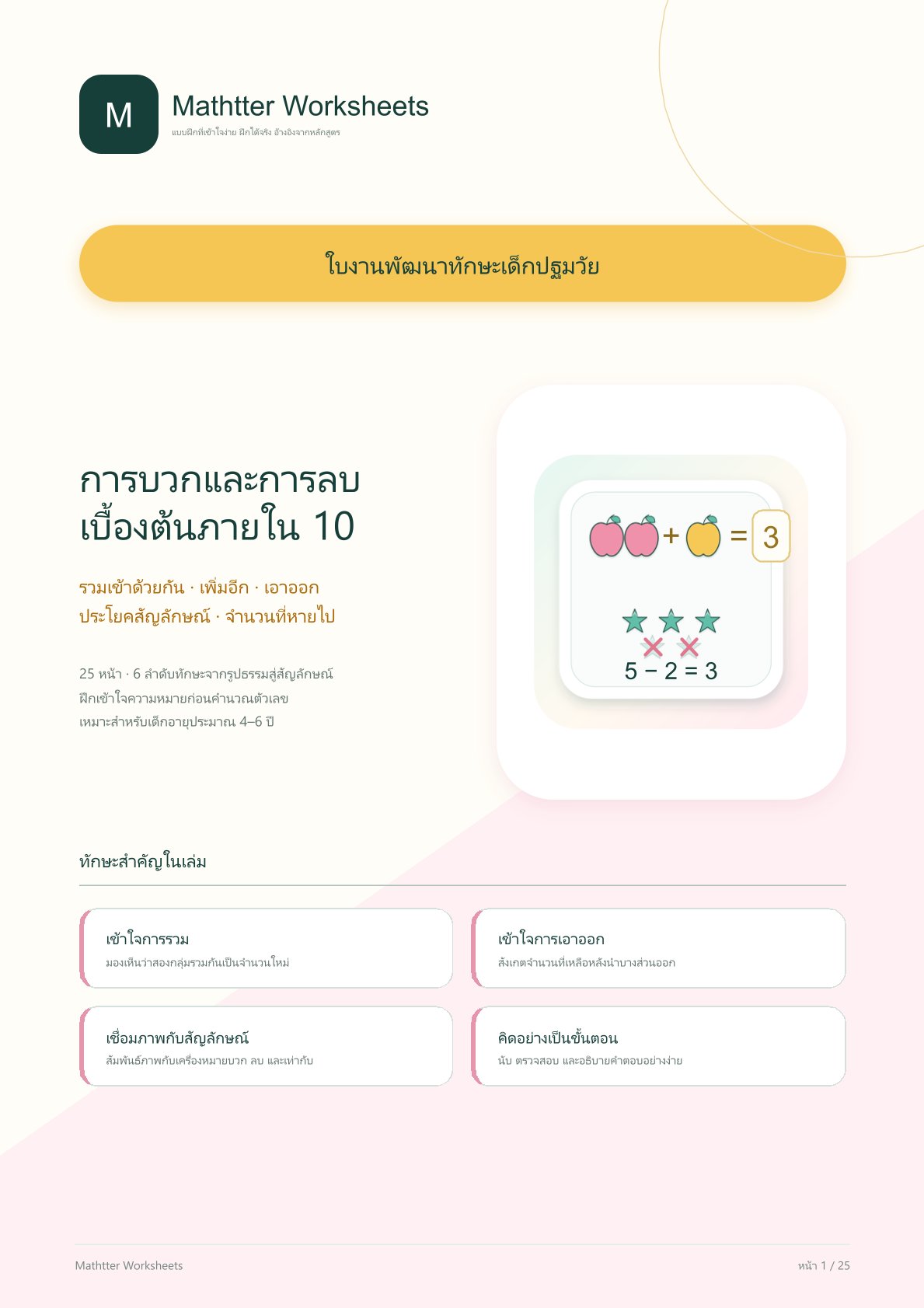 ชุดแบบฝึกหัดพัฒนาทักษะเด็กปฐมวัย: การบวกและการลบเบื้องต้นภายใน 10
