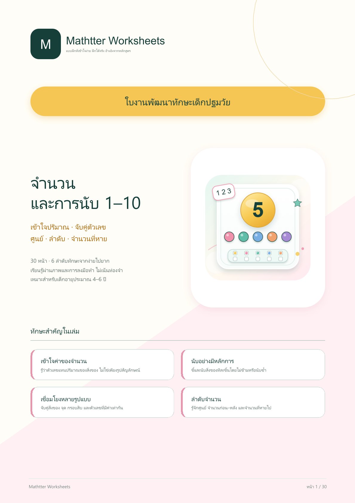 ชุดแบบฝึกหัดพัฒนาทักษะเด็กปฐมวัย: จำนวนและการนับ 1–10